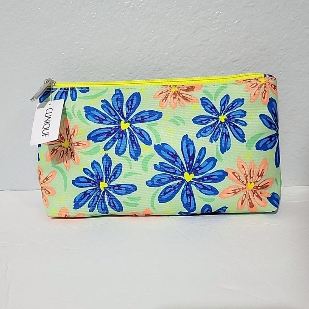 Clinique Blue Green Yellow Flower Floral Print Cosmetic Makeup Travel Case Bag